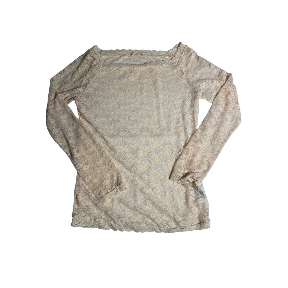 Tulle Cream Floral Lace Long Sleeve Boat Neck Top M3348 Size Medium